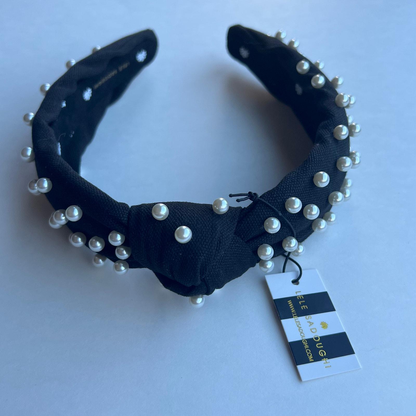 Lele Sadoughi Black Pearl Headband - only worn once RARE Lele Sadoughi Pearls Jet Black Headband Gold Logo - Etsy main image 3