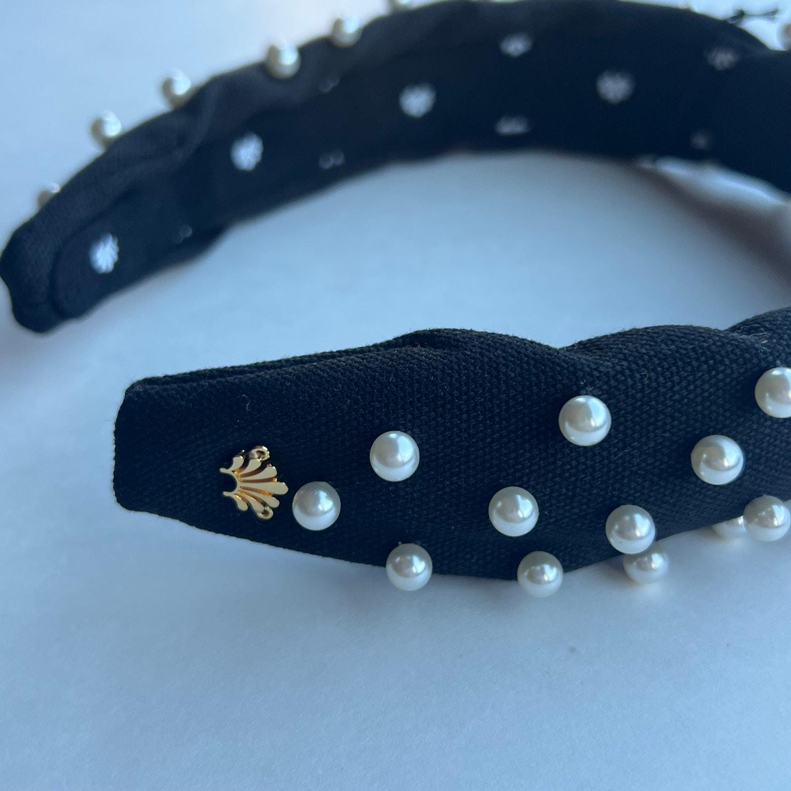 RARE Lele Sadoughi Pearls Jet Black Headband Gold Logo - Etsy