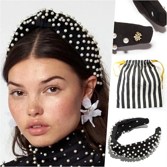 RARE Lele Sadoughi Pearls Jet Black Headband Gold Logo - Etsy display picture 1