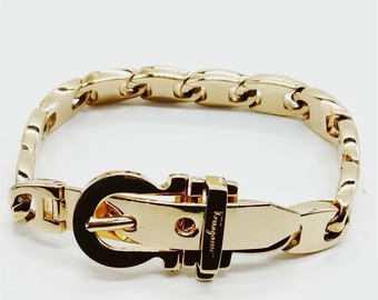 RARE Ferragamo Gold Vara Belt Buckle Chain Bracelet MINT