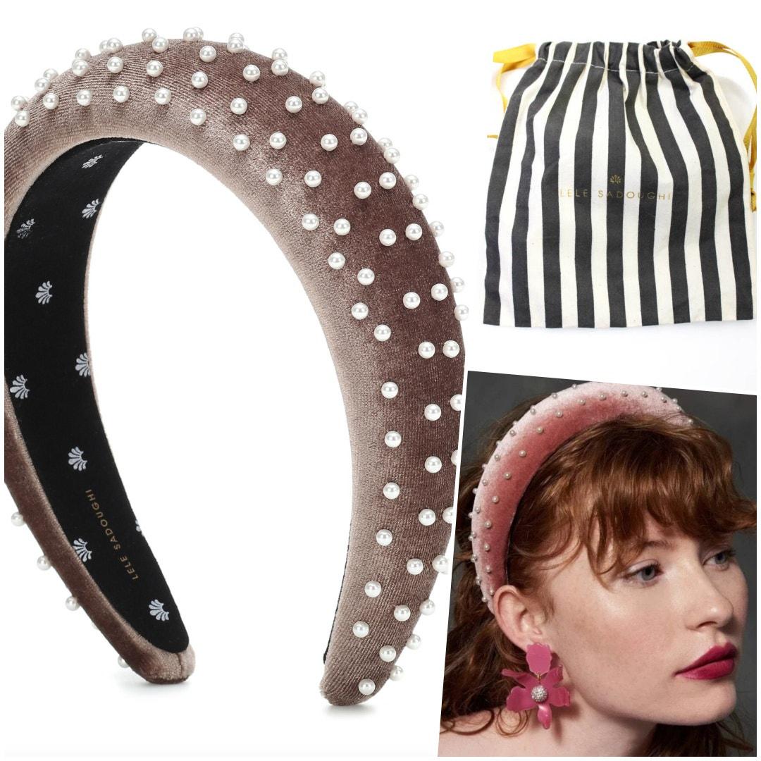 RARE Lele Sadoughi Pearl Velvet Padded Headband Brown NWOT  display picture 2