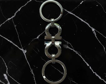 Salvatore Ferragamo Gancini Key Ring, Silver Double Gancini Keychain, Luxury Bag Charm, Italian Designer Key Holder, Minimalist Gift