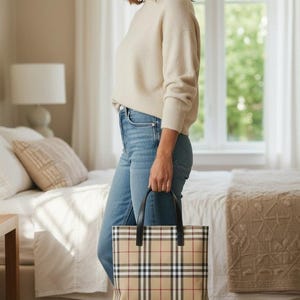 Burberry Nova Check Coated Canvas Small Tote Bag, Classic Heritage Plaid Luxury Handbag, Vintage Designer Shoulder Bag with Leather Trim image 10