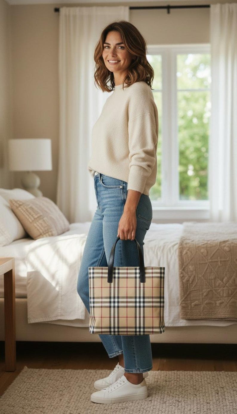 Burberry Nova Check Coated Canvas Small Tote Bag, Classic Heritage Plaid Luxury Handbag, Vintage Designer Shoulder Bag with Leather Trim image 10