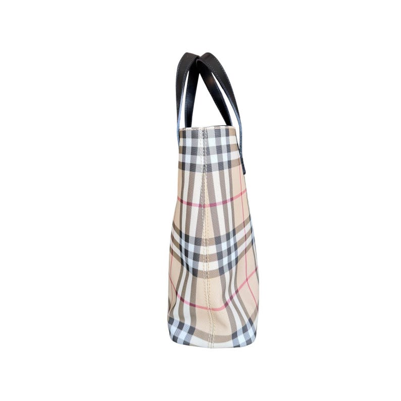 Burberry Nova Check Coated Canvas Small Tote Bag, Classic Heritage Plaid Luxury Handbag, Vintage Designer Shoulder Bag with Leather Trim image 3
