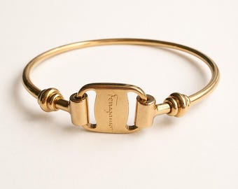 Salvatore Ferragamo Vara Bangle Bracelet, Gold Tone Designer Cuff, Made in Italy