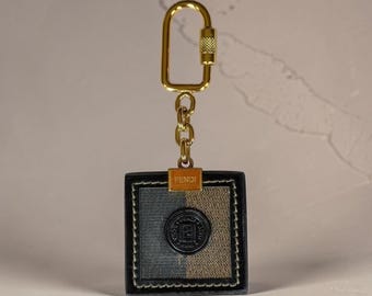 Fendi Keychain, Authentic Pequin Striped Leather Key Ring, Luxury Gold Tone Bag Charm, Designer Key Holder, Vintage Italian Accessory