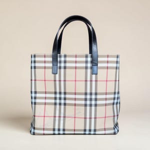 Burberry Nova Check Coated Canvas Small Tote Bag, Classic Heritage Plaid Luxury Handbag, Vintage Designer Shoulder Bag with Leather Trim image 1