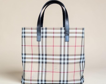 Burberry Nova Check Coated Canvas Small Tote Bag, Classic Heritage Plaid Luxury Handbag, Vintage Designer Shoulder Bag with Leather Trim