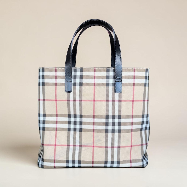 Burberry Nova Check Coated Canvas Small Tote Bag, Classic Heritage Plaid Luxury Handbag, Vintage Designer Shoulder Bag with Leather Trim image 1