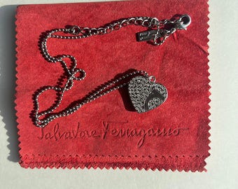 Salvatore Ferragamo Gancini Heart Silver Crystals Necklace NWOT