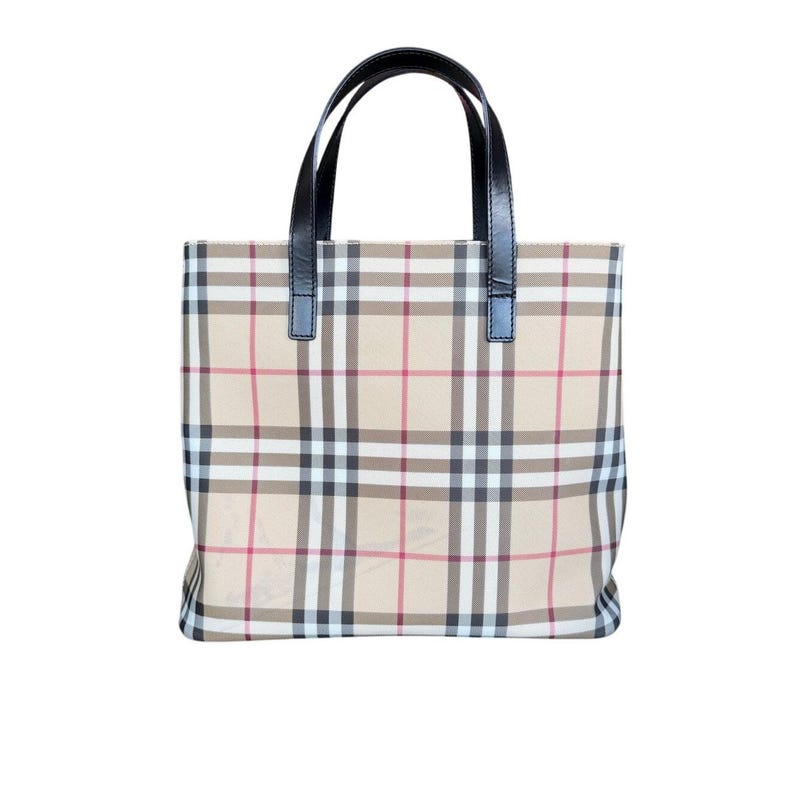 Burberry Nova Check Coated Canvas Small Tote Bag, Classic Heritage Plaid Luxury Handbag, Vintage Designer Shoulder Bag with Leather Trim image 4