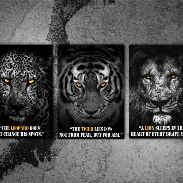 Digital download, printable wall art, Set of 3 art prints, Lion art print, Tiger Wall art, Leopard poster, Motivational quotes