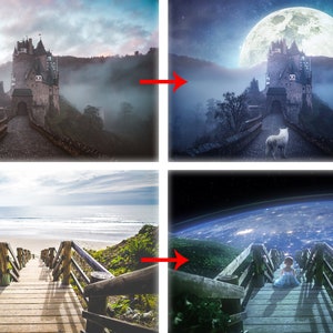 Puede incluir: Imagen compuesta que muestra un castillo en una colina, un lobo en un puente y una ni&ntilde;a en una pasarela de madera. El castillo est&aacute; bajo una gran luna, y la ni&ntilde;a mira una vista de la Tierra desde el espacio. Tema de fantas&iacute;a.