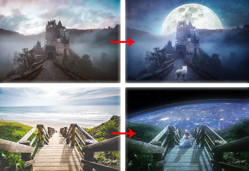 Puede incluir: Imagen compuesta que muestra un castillo en una colina, un lobo en un puente y una ni&ntilde;a en una pasarela de madera. El castillo est&aacute; bajo una gran luna, y la ni&ntilde;a mira una vista de la Tierra desde el espacio. Tema de fantas&iacute;a.