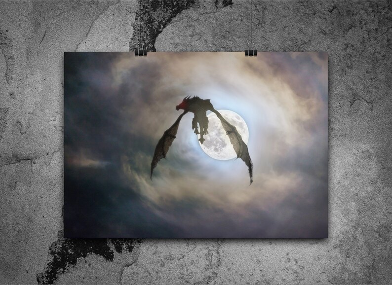 May include: A black silhouette of a dragon flying in front of a full moon in a cloudy sky.