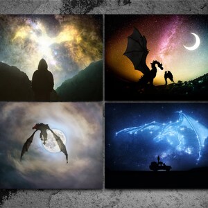 May include: A collage of four images featuring dragons and stars. The top left image shows a person standing in front of a starry sky. The top right image shows a black dragon flying in front of a colorful starry sky. The bottom left image shows a black dragon flying in front of a full moon. The bottom right image shows a blue constellation dragon in the night sky.