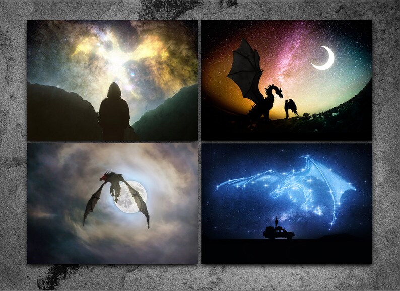 May include: A collage of four images featuring dragons and stars. The top left image shows a person standing in front of a starry sky. The top right image shows a black dragon flying in front of a colorful starry sky. The bottom left image shows a black dragon flying in front of a full moon. The bottom right image shows a blue constellation dragon in the night sky.