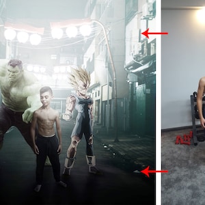 Puede incluir: Una persona joven sin camisa est&aacute; de pie en un gimnasio, con un estante de pesas detr&aacute;s de ellos. En una imagen superpuesta, Hulk y un personaje de Dragon Ball Z est&aacute;n al lado de la persona en una escena de la ciudad.