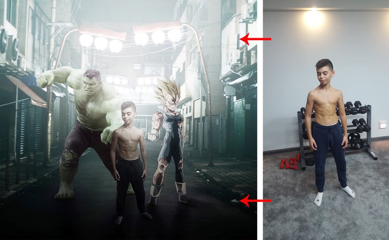 Puede incluir: Una persona joven sin camisa est&aacute; de pie en un gimnasio, con un estante de pesas detr&aacute;s de ellos. En una imagen superpuesta, Hulk y un personaje de Dragon Ball Z est&aacute;n al lado de la persona en una escena de la ciudad.