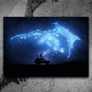 May include: A blue constellation of a dragon in the night sky, with a silhouette of a person standing on top of a car.
