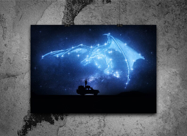 May include: A blue constellation of a dragon in the night sky, with a silhouette of a person standing on top of a car.
