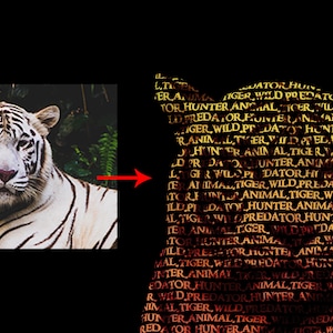 Puede incluir: Imagen de un tigre blanco con rayas negras, sobre un fondo de follaje verde. La cara del tigre est&aacute; enfocada. A la derecha, una silueta de tigre est&aacute; formada por el texto "TIGER, WILD, PREDATOR, HUNTER, ANIMAL."