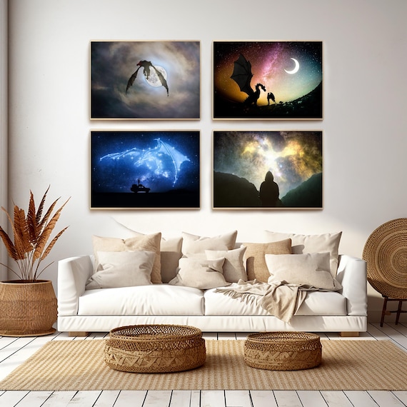 Fantasy Dragon Wall Art Set - 4 Digital Prints - Mystical Night, Celestial Warrior, Cosmic Adventure-Instant Download for Gamers & Dreamers
