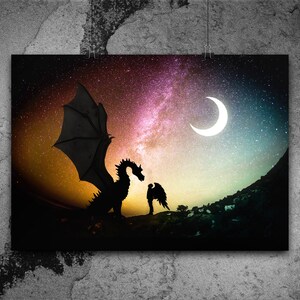 May include: A black silhouette of a dragon with wings spread wide, facing a figure with wings, against a colorful night sky with a crescent moon and stars.