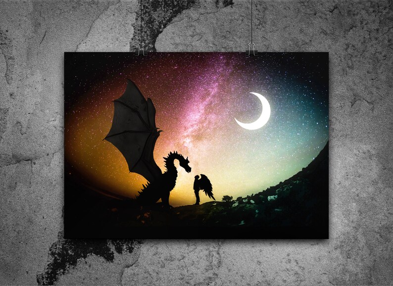 May include: A black silhouette of a dragon with wings spread wide, facing a figure with wings, against a colorful night sky with a crescent moon and stars.