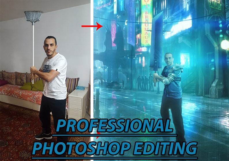 Puede incluir: Imagen dividida que muestra a una persona con una fregona a la izquierda y una imagen editada digitalmente a la derecha. La imagen editada representa un paisaje urbano futurista con una persona sosteniendo una espada grande. El texto en la parte inferior dice "PROFESSIONAL PHOTOSHOP EDITING."