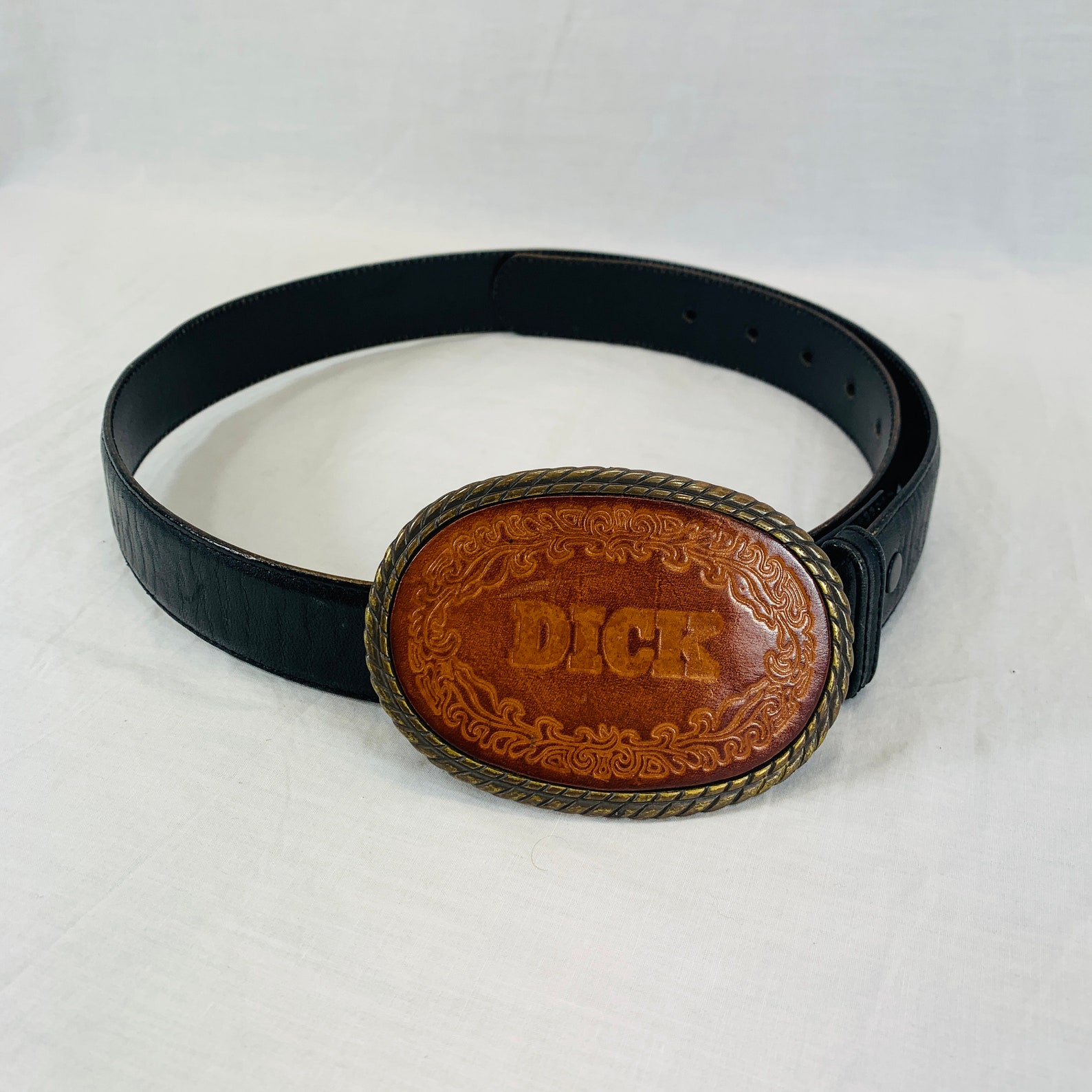Vintage Black Leather Belt With Leather Embossed DICK Belt | Etsy
