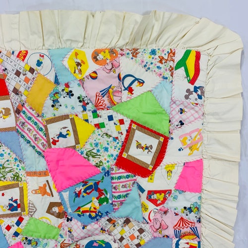 Vintage 1974 Disney Characters Fabric Patchwork Handmade Baby shops Blanket - 36” X 27”