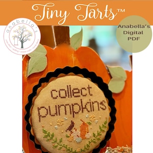 Puede incluir: Un diseño de punto de cruz con las palabras "collect pumpkins" en un marco redondo con bordes negros. El diseño incluye imágenes de pájaros y calabazas, sobre un fondo de una calabaza naranja. También se ve el texto "Tiny Tarts" y "Collect Pumpkins".