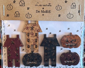 Primitive Wood Buttons ~ Houses & Pumpkins Wood Buttons ~ Hand Embroidery ~ Anabella's ~ Cross Stitch Finishing ~ Primitive Wood Buttons