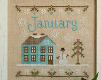May include: Cross-stitch pattern of a winter scene with a blue house, a snowman, and a pine tree. The text "January" is stitched above the house.