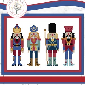 May include: Cross stitch pattern featuring four nutcracker soldiers. The nutcrackers are wearing colorful uniforms and hats. The pattern is titled "The Nutcrackers Cross Stitch Pattern".