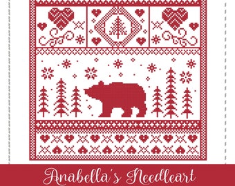 PDF Anabella's Needleart REDWORK BEAR Patrón de punto de cruz ~ Punto de cruz de invierno ~ Punto de cruz de Anabella