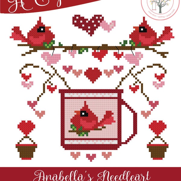 Anabella's Needleart A CUP Of CARDINALS Cross Stitch Pattern ~  Valentine's Cross Stitch ~ Anabella's Cross Stitch