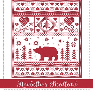 May include: Redwork Bear cross stitch pattern featuring a bear in a winter forest scene with snowflakes, pine trees, and hearts. The pattern is titled "Redwork Bear" and is by Anabella's Needleart.