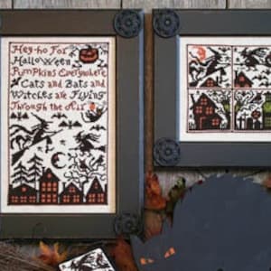 May include: A cross-stitch pattern featuring a black cat, a witch flying on a broomstick, and a pumpkin. The text reads "Hey-ho For Halloween Pumpkins Everywhere Cats and Bats and Witches are Flying Through the Air".