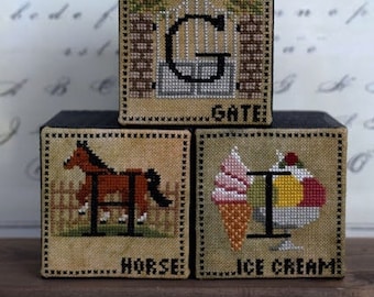 Puntini Puntini When I Think of GHI Gate, Horse, Ice Cream Cross Stitch Pattern ~ Puntini Puntini Cross Stitch