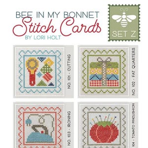 May include: A set of four cross-stitch cards titled "Bee in My Bonnet Stitch Cards" by Lori Holt. Each card features a different sewing-themed design, including a pair of scissors, a gift, an iron, and a tomato pincushion. The stitch count is 36w x 36h each.