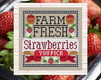 Erin Elizabeth Designs Farm Fresh Strawberries Cross Stitch Chart ~ Summer Cross Stitch ~ Anabella's