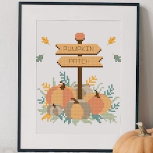 May include: Framed cross-stitch art featuring a signpost that reads "Pumpkin Patch" above a collection of pumpkins. The artwork is in a black frame, with pumpkins in the foreground. The color palette includes orange, brown, and green.