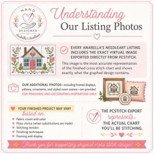 May include: An informational graphic titled Understanding Our Listing Photos with a pink and white color scheme. It features a cross-stitch pattern of a house, text explaining PCStitch exports, and examples of finished projects like pillows and frames.