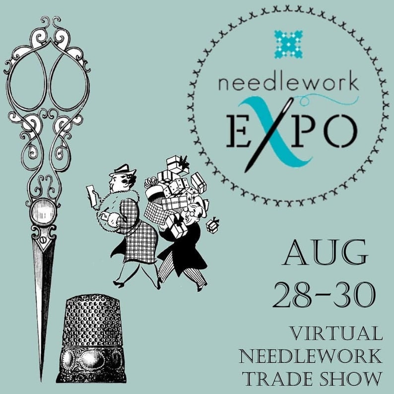 May include: An advertisement for the Needlework Expo, a virtual trade show. The image features a pair of ornate scissors, a thimble, and two figures carrying gifts. The text reads "Needlework Expo" and "Aug 28-30, Virtual Needlework Trade Show."