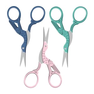 May include: Three pairs of decorative scissors with bird-shaped handles. One pair is blue, one is green, and one is pink.