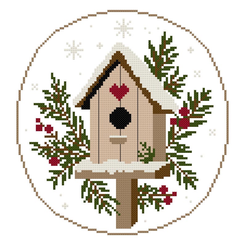 May include: A cross-stitch pattern featuring a light brown birdhouse with a dark red heart, a black entrance hole, and white snow on the roof and base. The birdhouse is surrounded by green pine branches with red berries and white snowflakes.