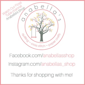 May include: A pink circle with the text "anabella's" in a gray font. Inside the circle is a gray tree with pink and yellow flowers. The text "quilting ~ cross stitch ~ paper crafts" is written around the tree. Below the circle is the text "Facebook.com/anabellasshop" and "Instagram.com/anabellas_shop". The text "Thanks for shopping with me!" is at the bottom of the image.